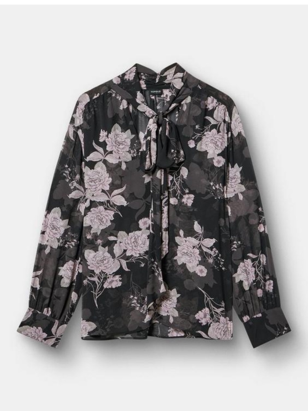 torrid Black Floral Tie-Neck Blouse with Light Pink Roses